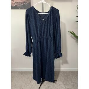 Blue Swiss dot long-sleeve midi lace trim Dress sz 2XL